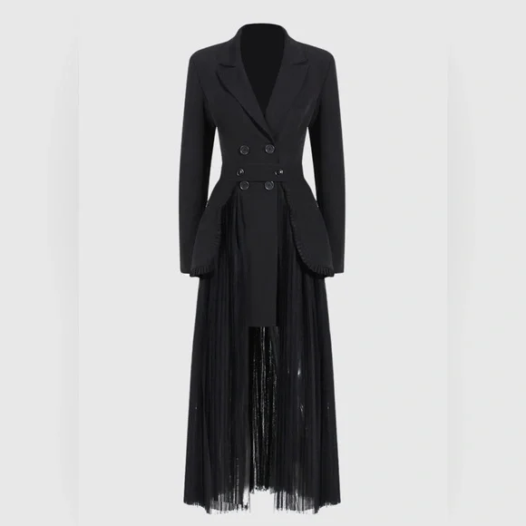 Black Double-Breasted Women's BLAZER Dress/sheer pleated midi Skirt size L NWT - Picture 1 of 16